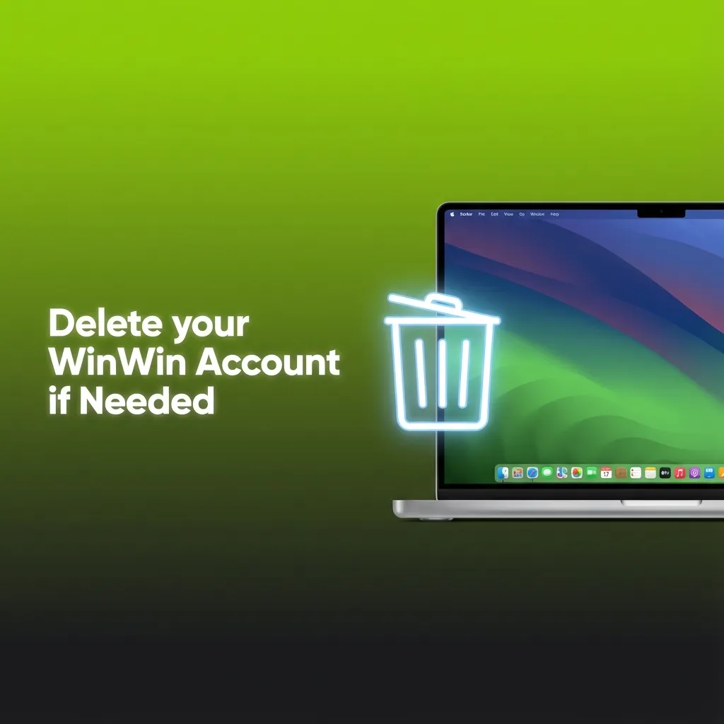 Illustration of a person closing their WinWin gambling account on a laptop, confirming deletion with support.