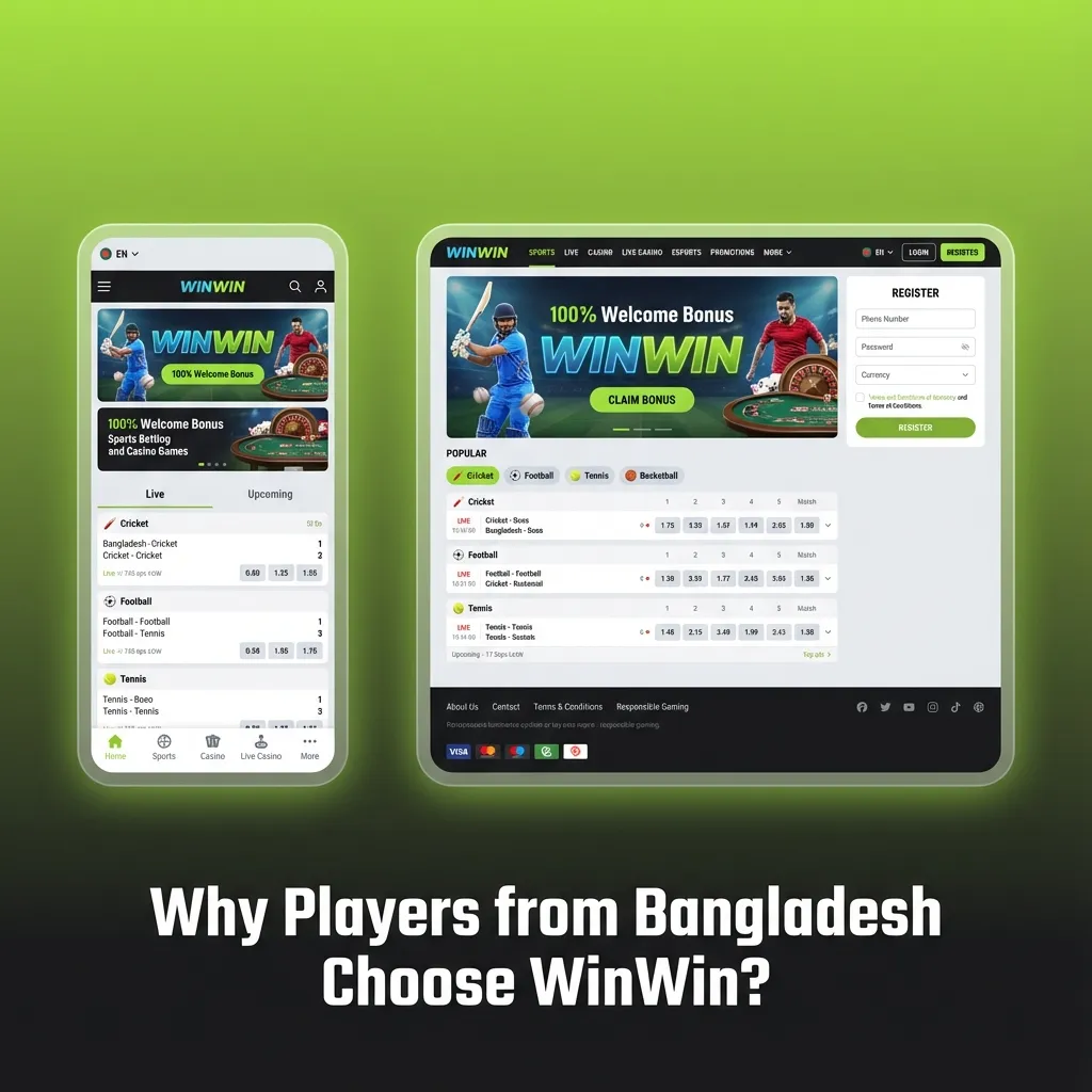 Infographic showing why Bangladeshi players choose WinWin: local BDT payments, mobile casino games, bonuses, support, security.
