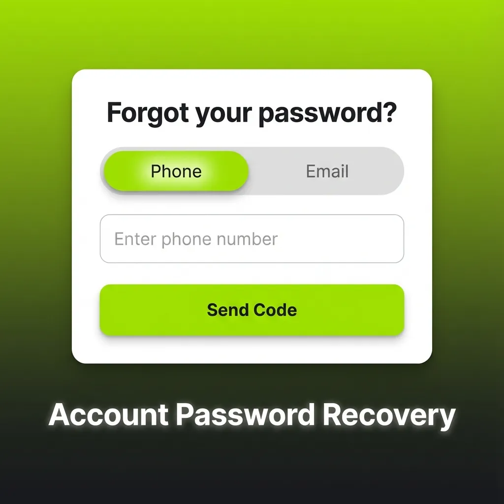 Illustration of password recovery steps, showing login screen, “Forgot password” link, email/SMS verification, and secure reset form.