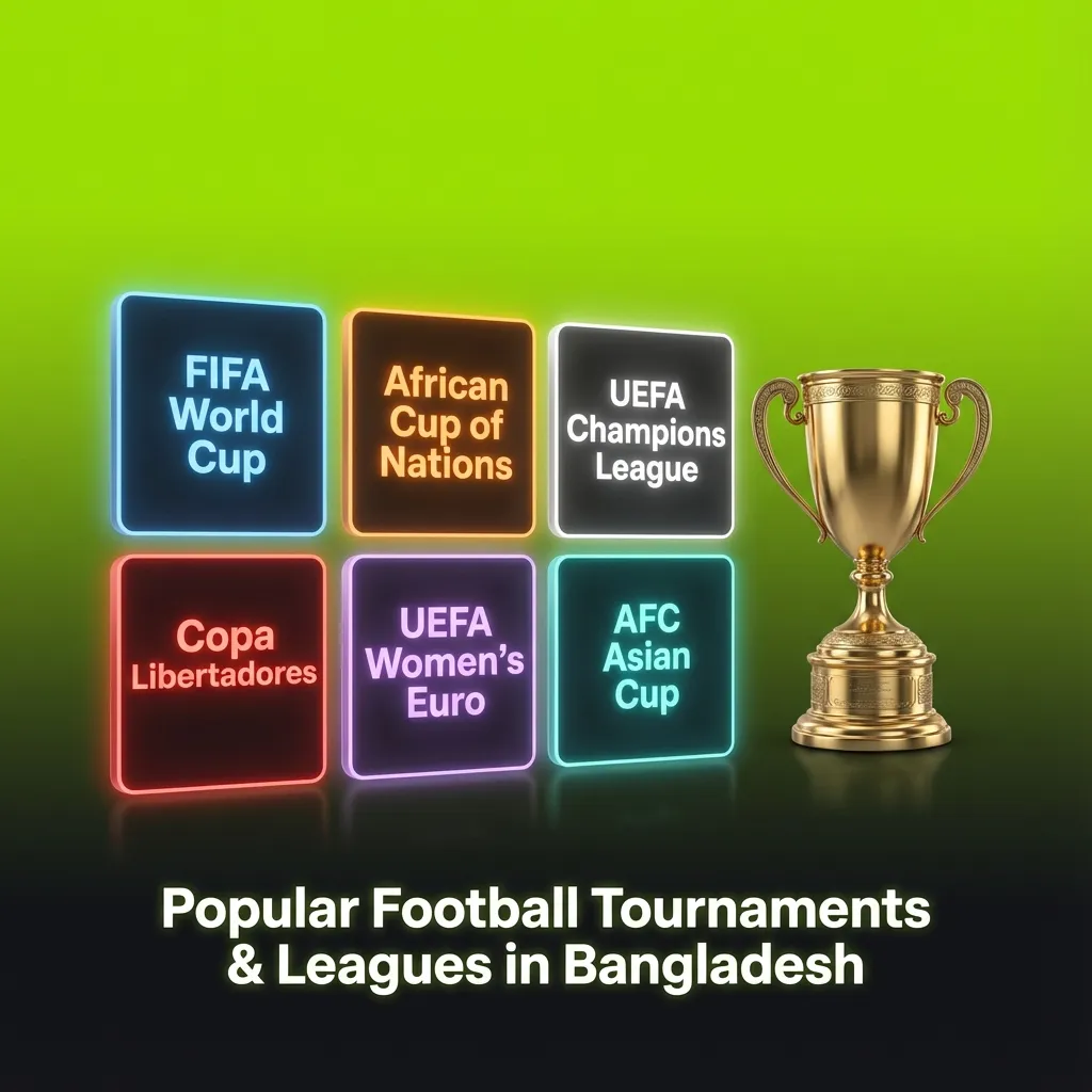 Infographic on popular global and Bangladeshi football leagues and tournaments for WinWin sports betting markets