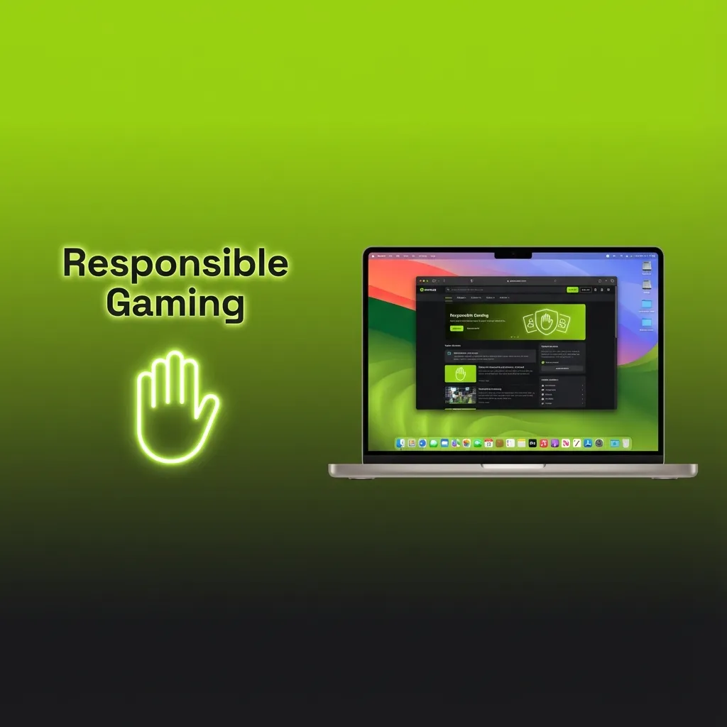 Illustration of a person using a laptop for online casino gaming with icons showing limits, breaks, and help for responsible play