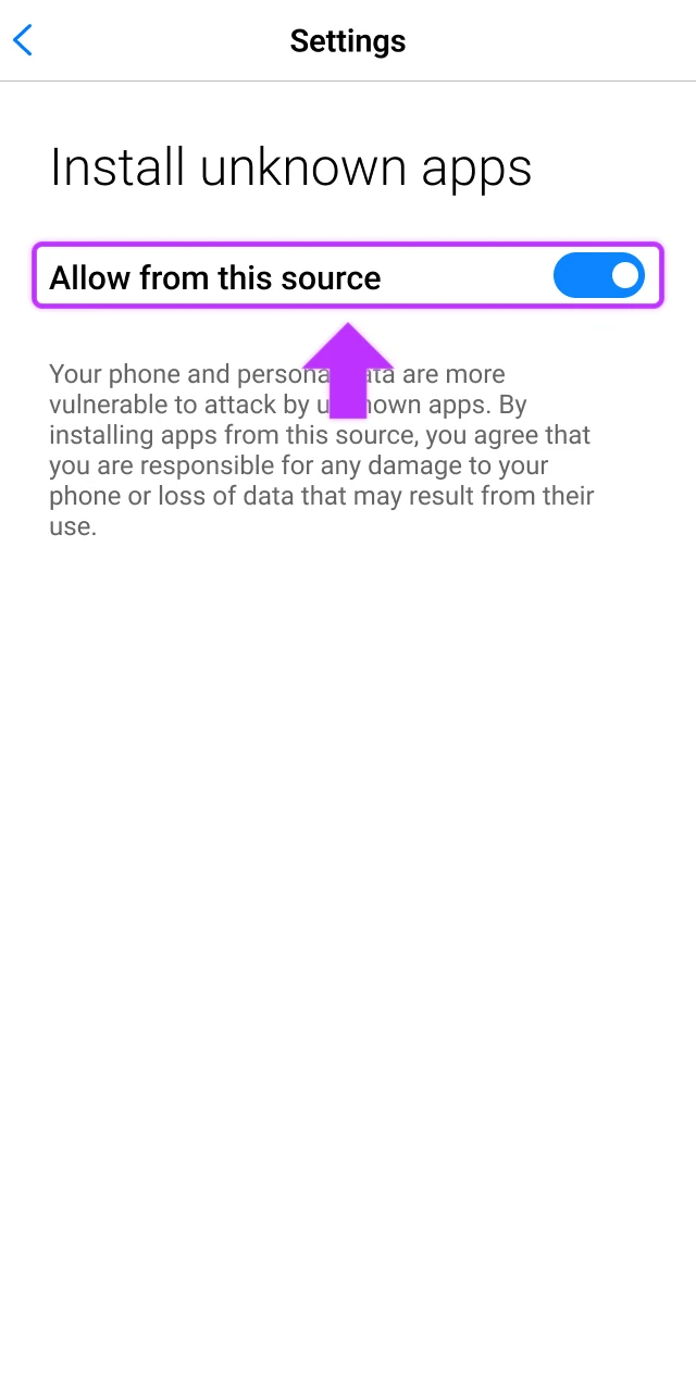 Open the Android system settings and enable the permission to install apps from unknown sources for the WinWin app.