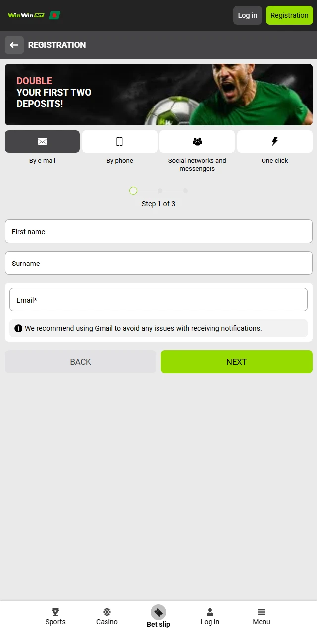 Fast mobile registration form on the WinWin app for new users in Bangladesh.