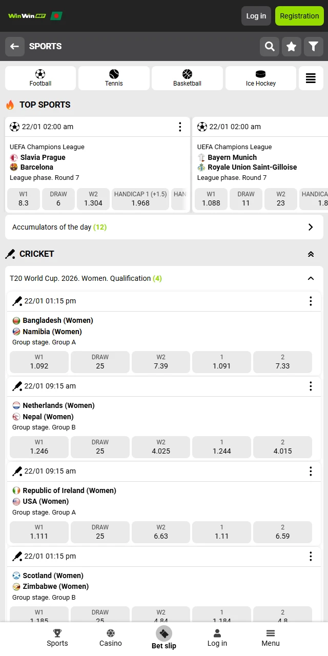 Live sports betting interface in the WinWin app with real-time cricket and football odds.