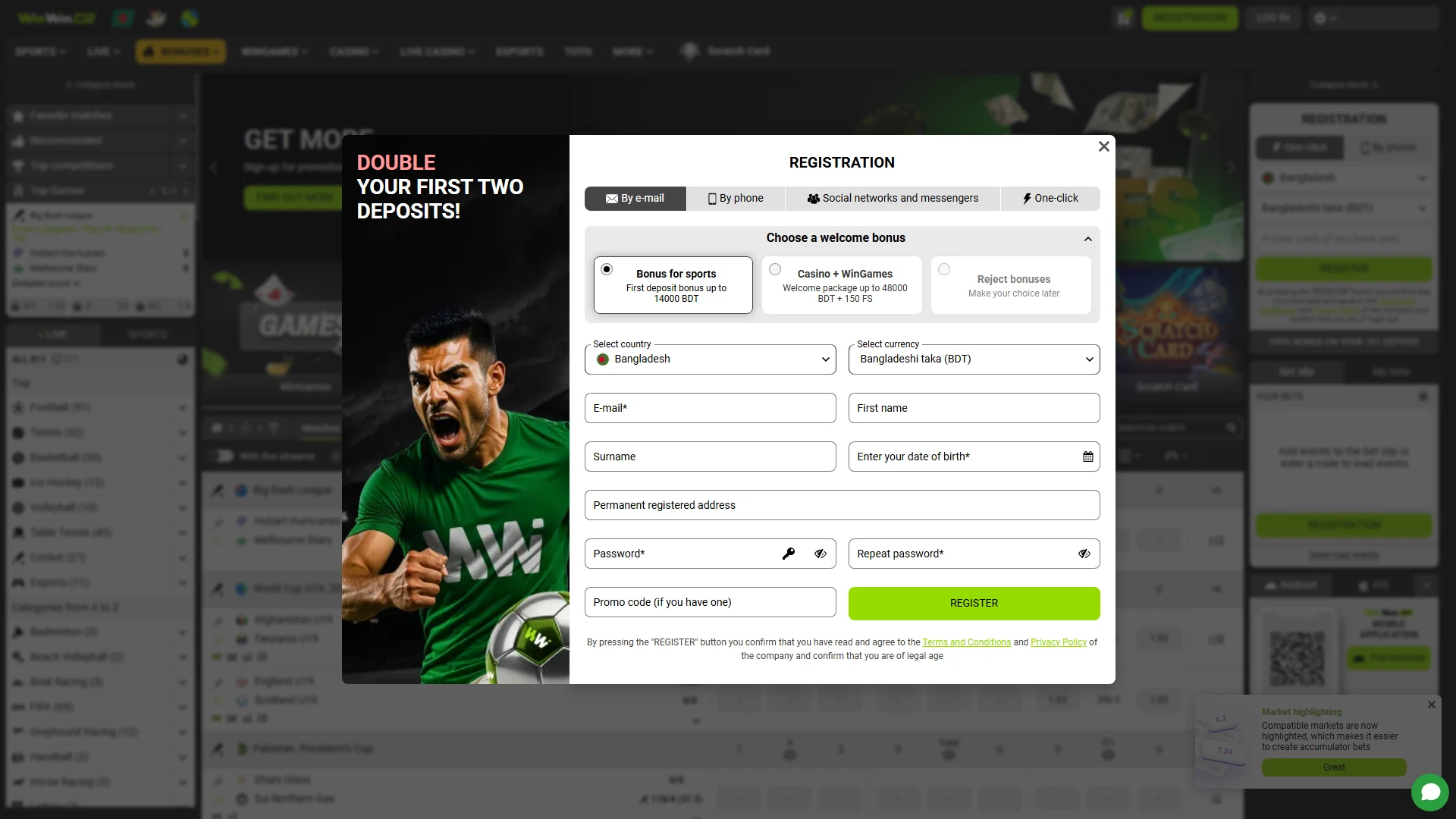WinWin account registration page with Bangladesh-specific sign-up options.
