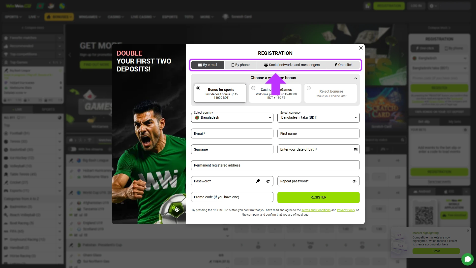 Open the WinWin app and view the registration options, including One-Click, Phone, and Email.