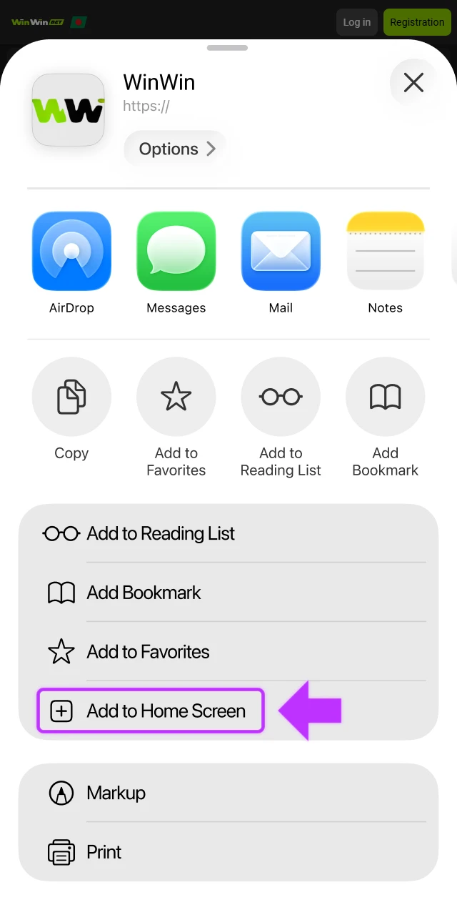 Select the option to add the Winwin App to your iOS home screen.
