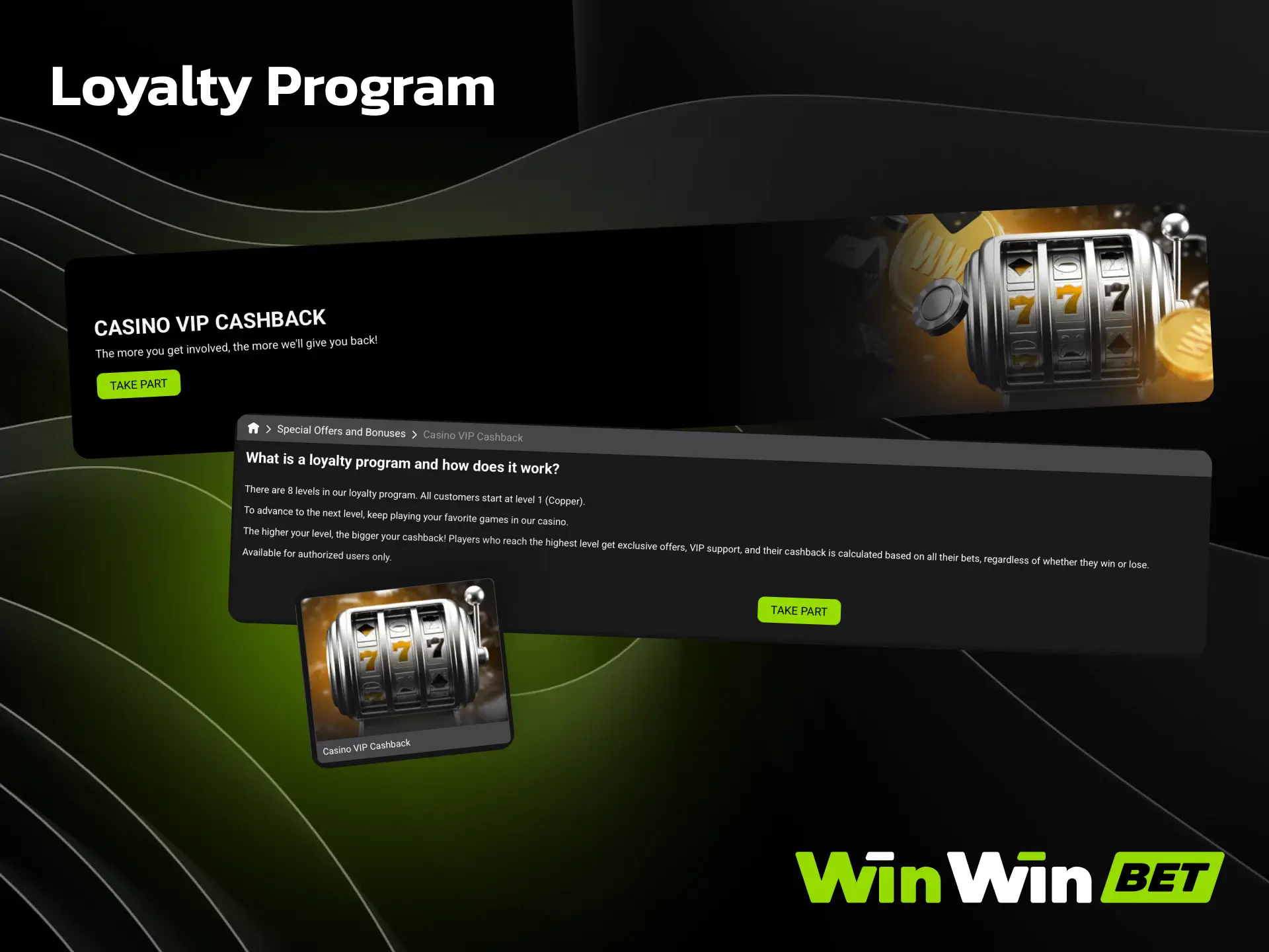 Loyalty program on WinWin with cashback, rakeback, and exclusive perks for active players.