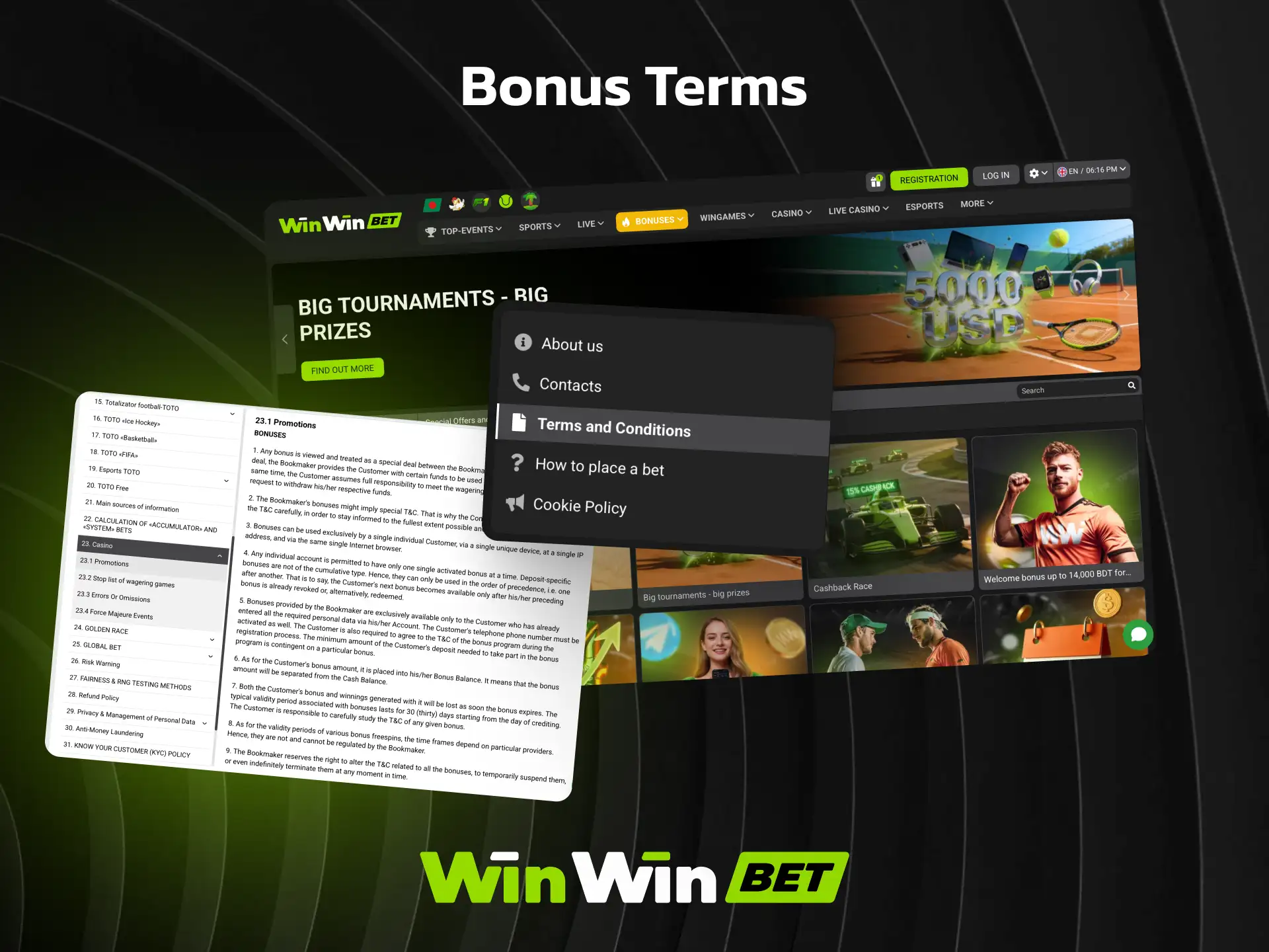 Bonus terms and conditions for WinWin including wagering requirements and expiry dates.