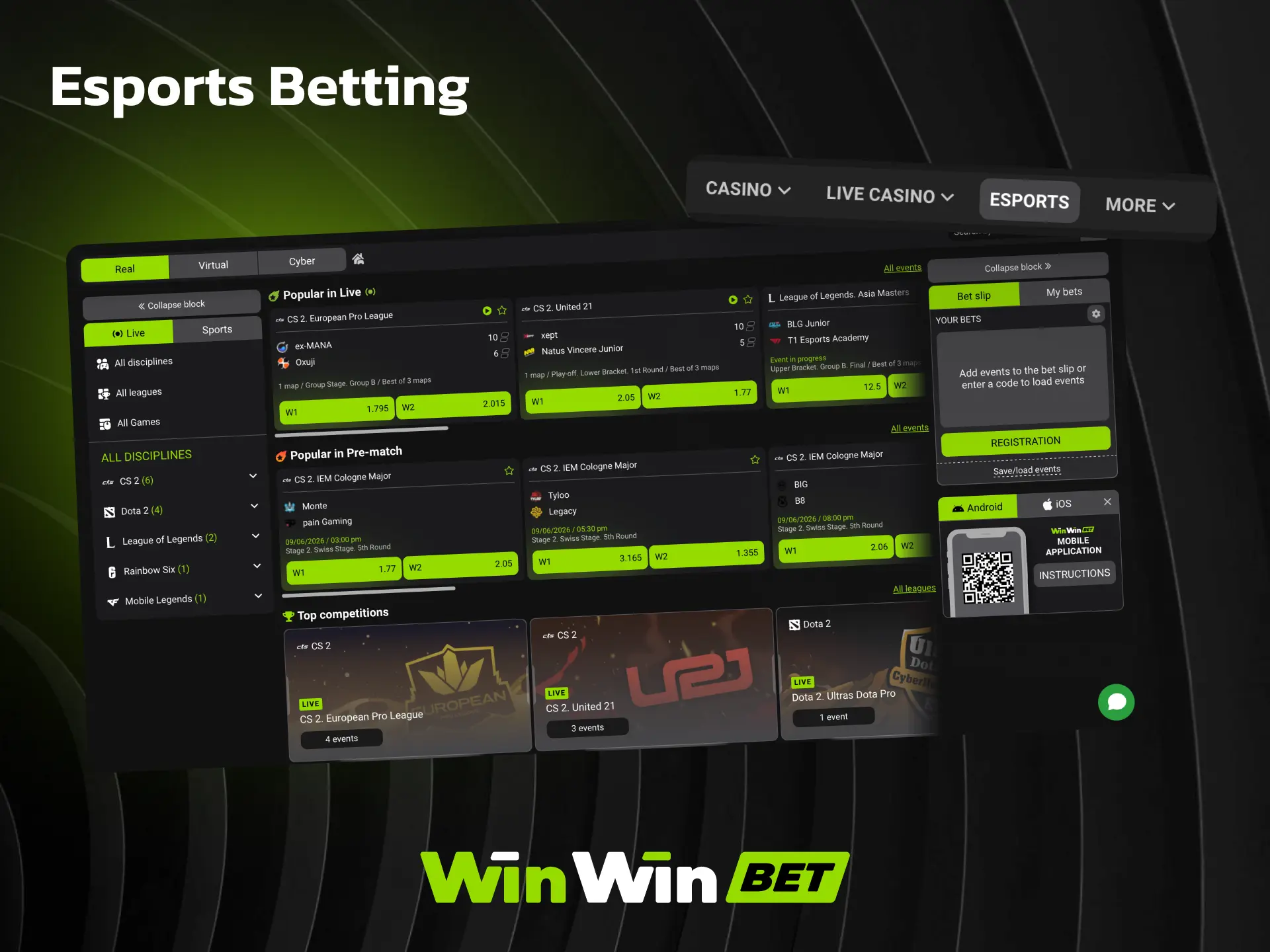 Esports betting on WinWin with CS2, Dota 2, League of Legends, and Valorant.