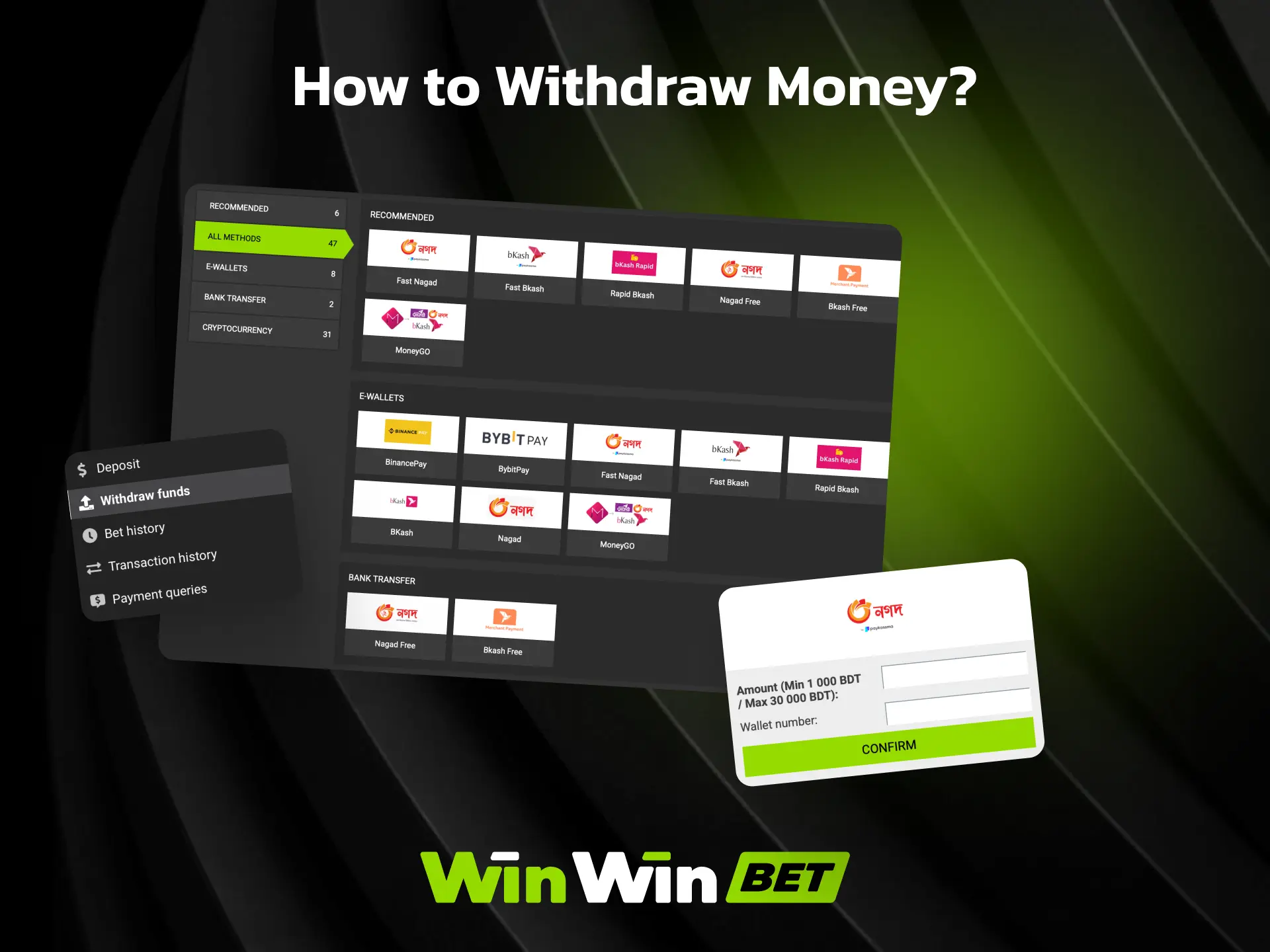 Withdrawal methods, processing times, and limits for WinWin players in Bangladesh.