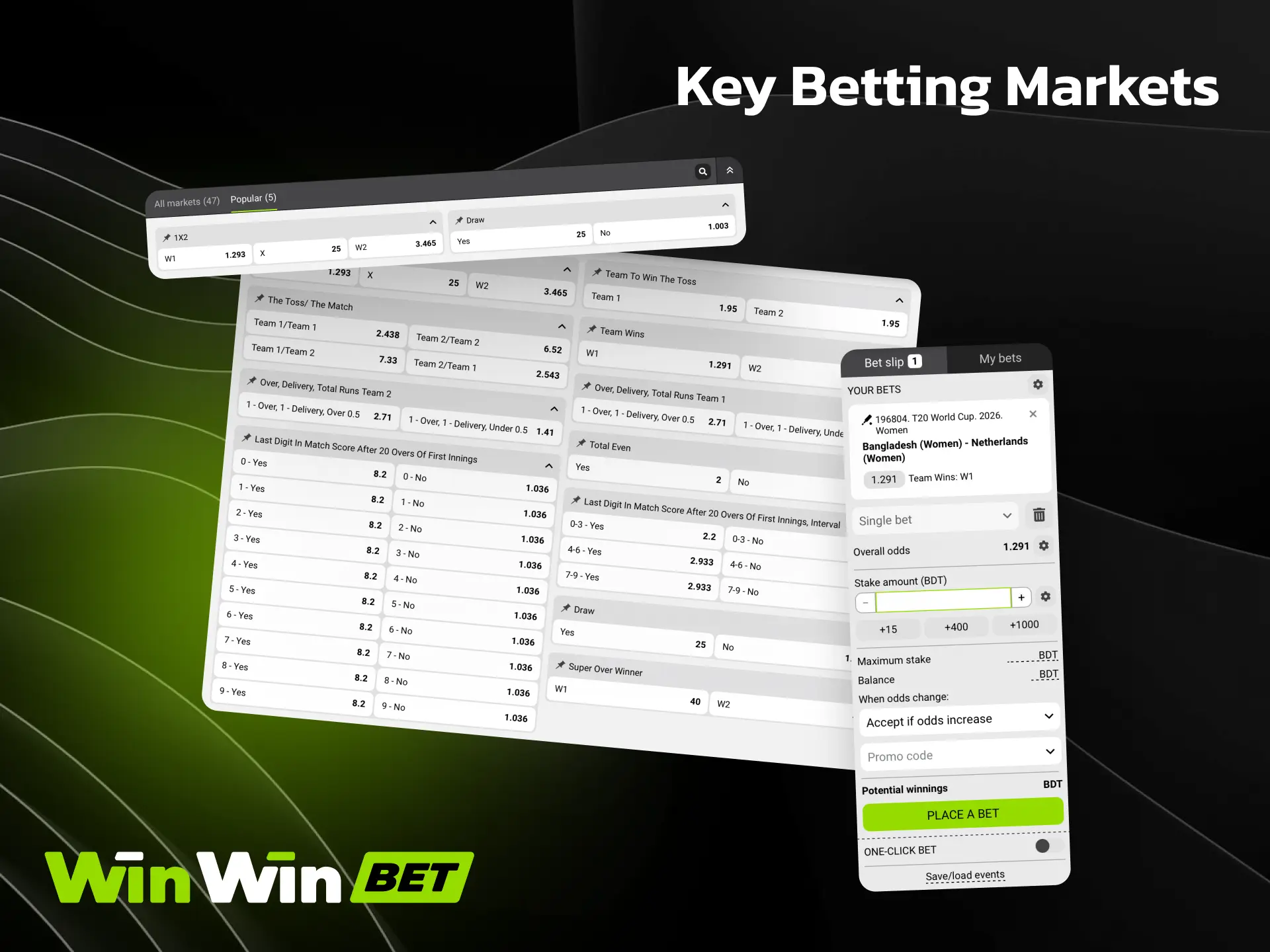 Key betting markets on WinWin including match winner, total runs, and handicaps.