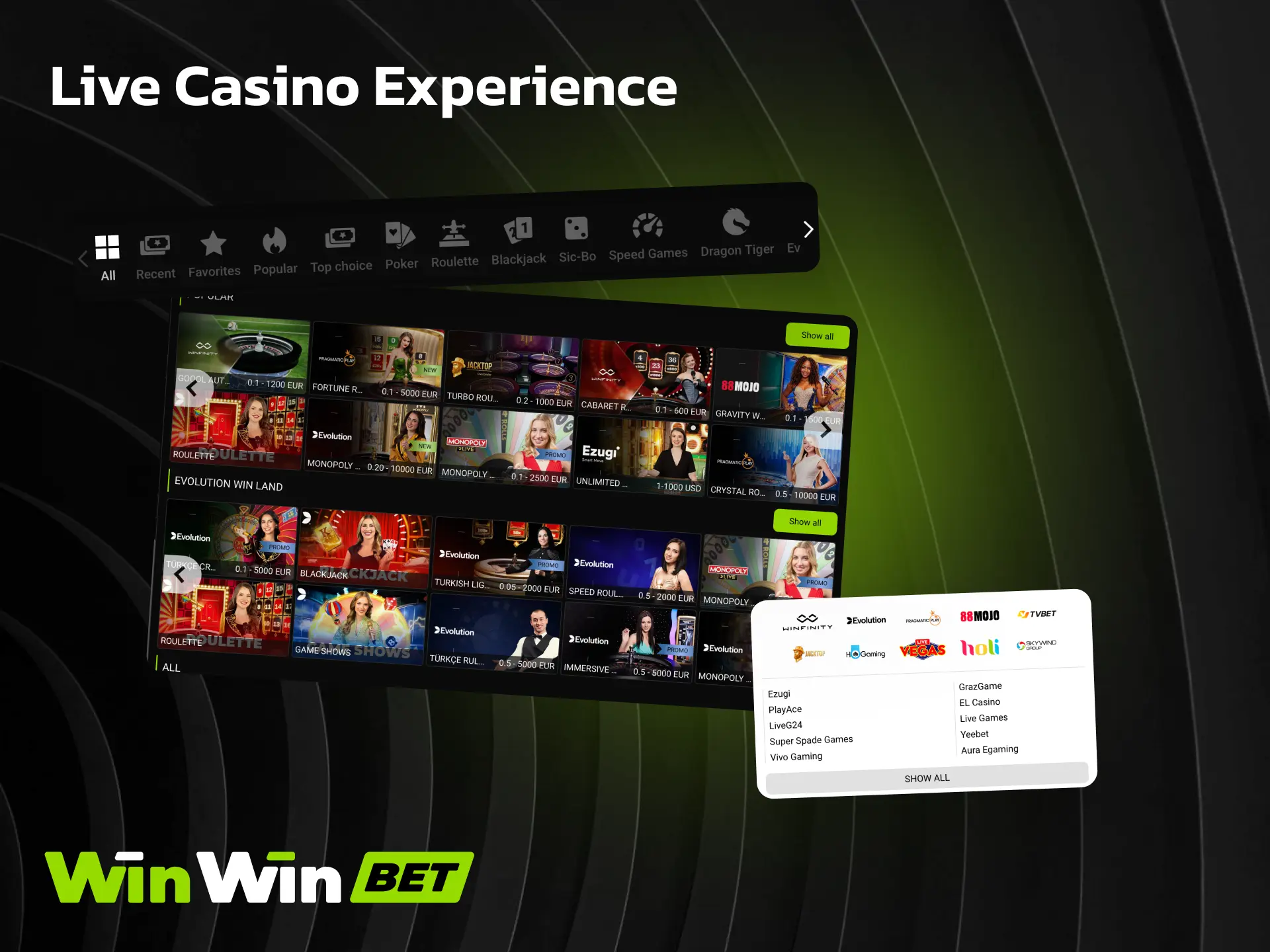 Live casino experience on WinWin with real dealers for blackjack, roulette, and baccarat.