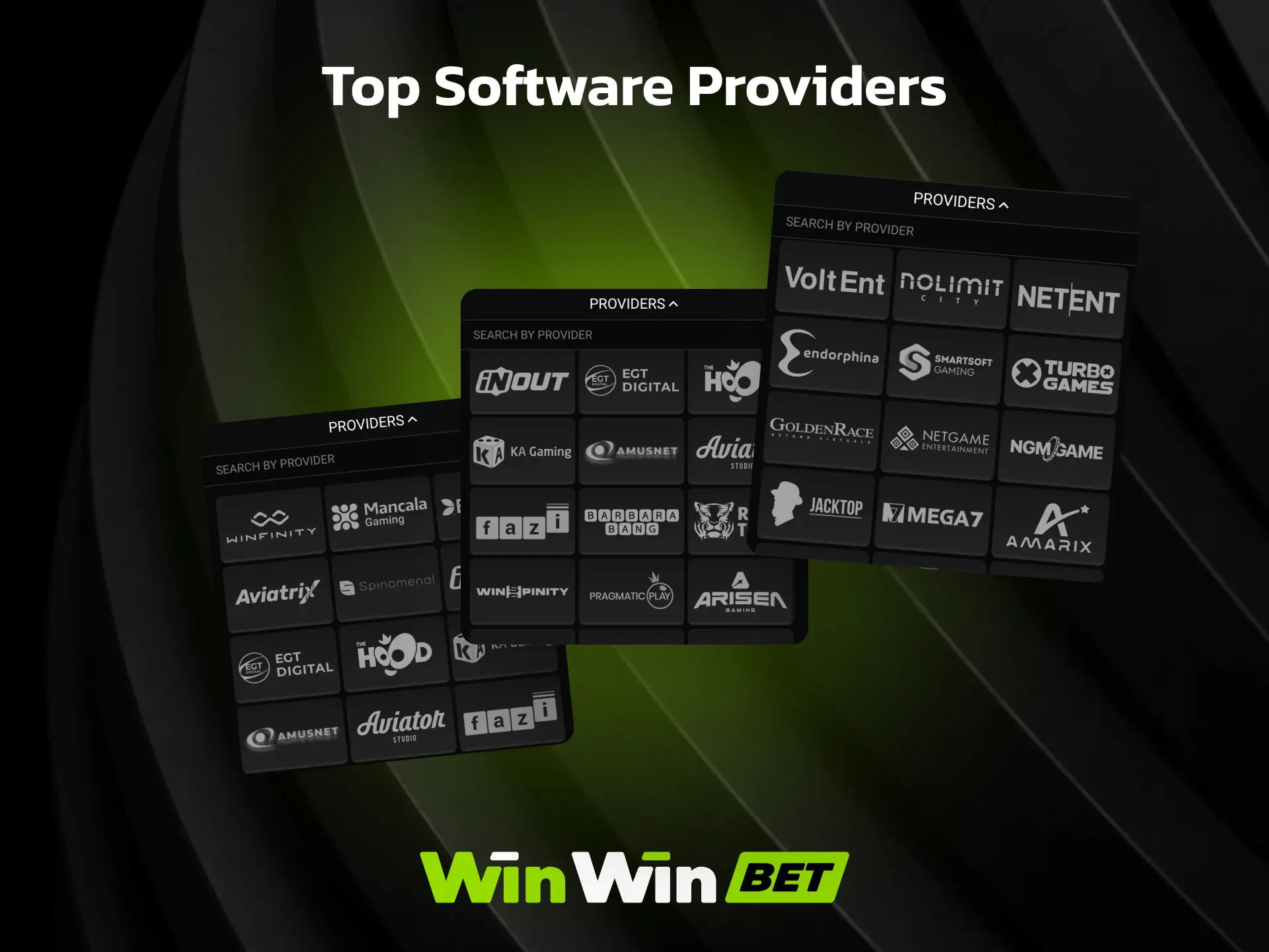 Top software providers powering WinWin casino including Pragmatic Play and Evolution.