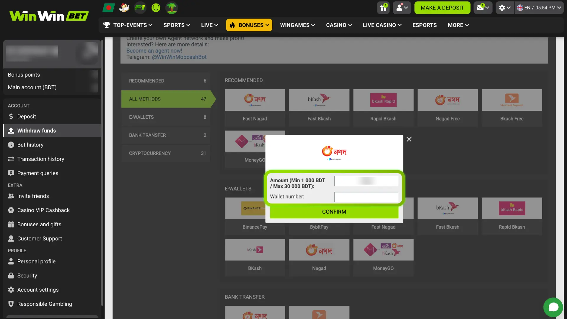 Type your withdrawal amount in BDT on WinWin and enter your wallet or bank details.
