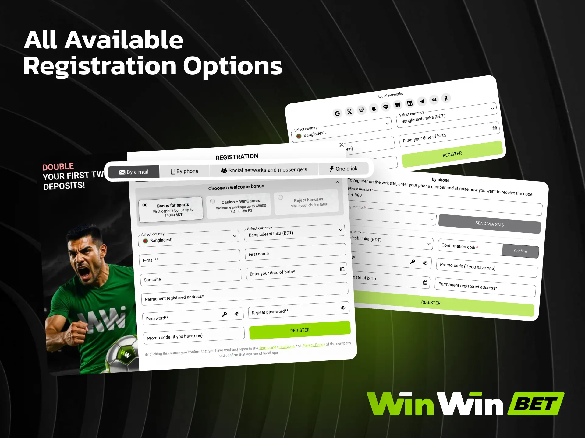 All registration options on WinWin including phone, email, and social network sign-up.